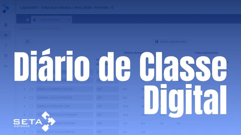 Tela do Diário de Classe Digital do Lápis360® da Seta Sistemas exibindo uma grade para lançamento de notas e faltas dos alunos, com médias bimestrais, frequência, resultados finais e opção para salvar os registros de forma integrada à plataforma de gestão escolar.